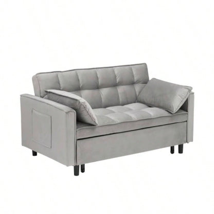 Modern Velvet Loveseat Futon Sofa Couch Pullout Bed, Small Love Lounge Sofa/Reclining Backrest, Toss Pillows, Pockets, Furniture Living Room, 3 in 1 Convertible Sleeper Sofa Bed, Gra