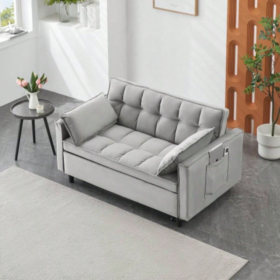 Modern Velvet Loveseat Futon Sofa Couch Pullout Bed, Small Love Lounge Sofa/Reclining Backrest, Toss Pillows, Pockets, Furniture Living Room, 3 in 1 Convertible Sleeper Sofa Bed, Gra