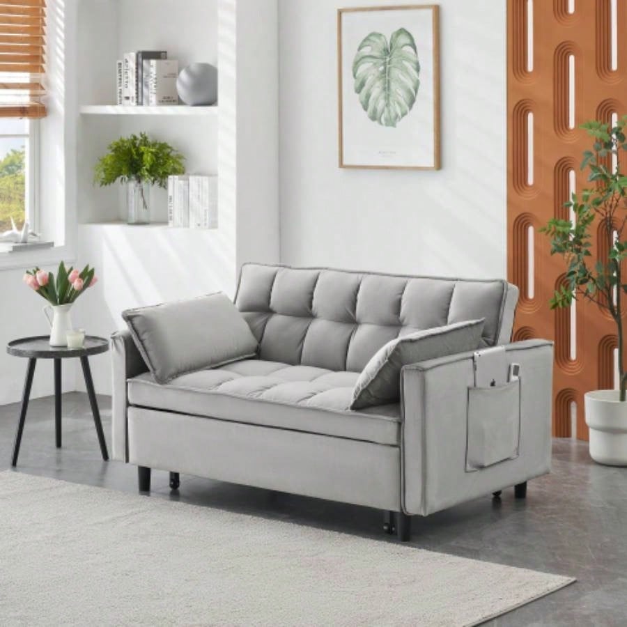 Modern Velvet Loveseat Futon Sofa Couch Pullout Bed, Small Love Lounge Sofa/Reclining Backrest, Toss Pillows, Pockets, Furniture Living Room, 3 in 1 Convertible Sleeper Sofa Bed, Gra