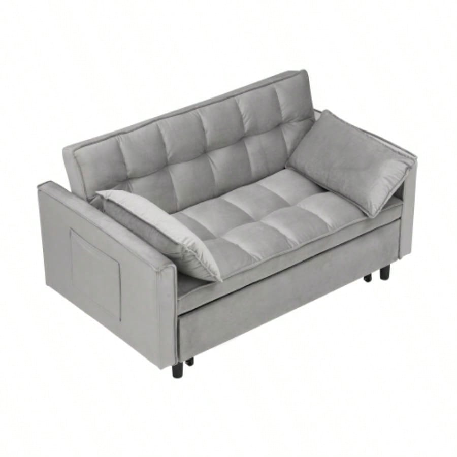 Modern Velvet Loveseat Futon Sofa Couch Pullout Bed, Small Love Lounge Sofa/Reclining Backrest, Toss Pillows, Pockets, Furniture Living Room, 3 in 1 Convertible Sleeper Sofa Bed, Gra
