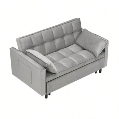Modern Velvet Loveseat Futon Sofa Couch Pullout Bed, Small Love Lounge Sofa/Reclining Backrest, Toss Pillows, Pockets, Furniture Living Room, 3 in 1 Convertible Sleeper Sofa Bed, Gra