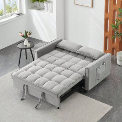 Modern Velvet Loveseat Futon Sofa Couch Pullout Bed, Small Love Lounge Sofa/Reclining Backrest, Toss Pillows, Pockets, Furniture Living Room, 3 in 1 Convertible Sleeper Sofa Bed, Gra