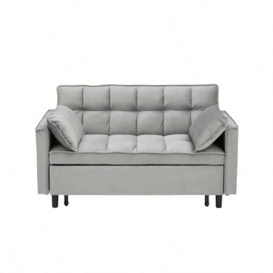 Modern Velvet Loveseat Futon Sofa Couch Pullout Bed, Small Love Lounge Sofa/Reclining Backrest, Toss Pillows, Pockets, Furniture Living Room, 3 in 1 Convertible Sleeper Sofa Bed, Gra