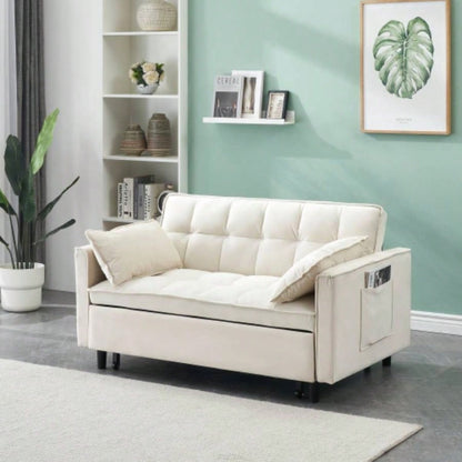 Modern Velvet Loveseat Futon Sofa Couch Pullout Bed, Small Love Lounge Sofa/Reclining Backrest, Toss Pillows, Pockets, Furniture Living Room, 3 in 1 Convertible Sleeper Sofa Bed, Gra