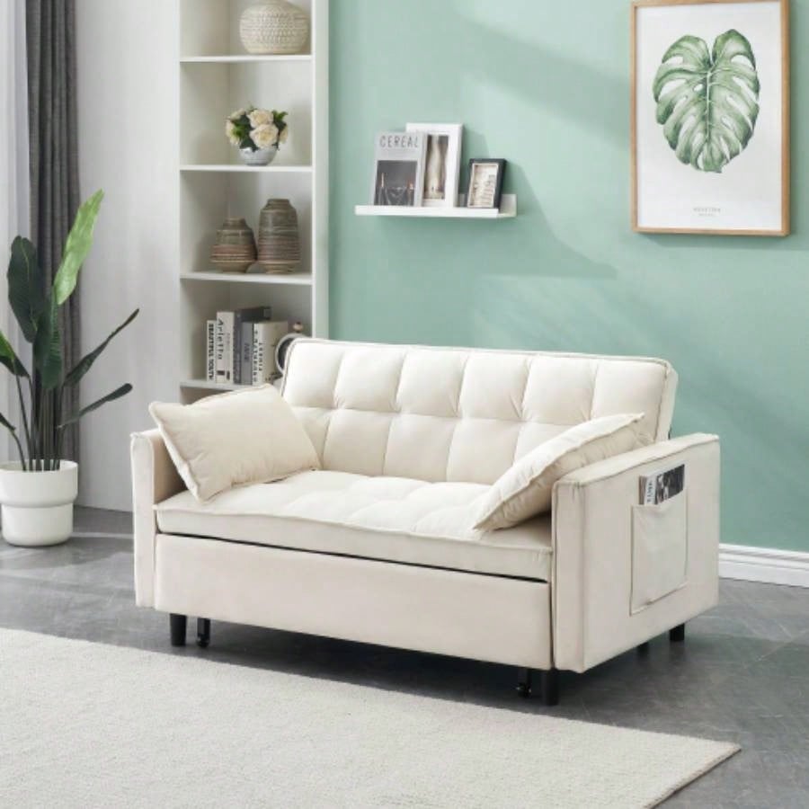 Modern Velvet Loveseat Futon Sofa Couch Pullout Bed, Small Love Lounge Sofa/Reclining Backrest, Toss Pillows, Pockets, Furniture Living Room, 3 in 1 Convertible Sleeper Sofa Bed, Gra