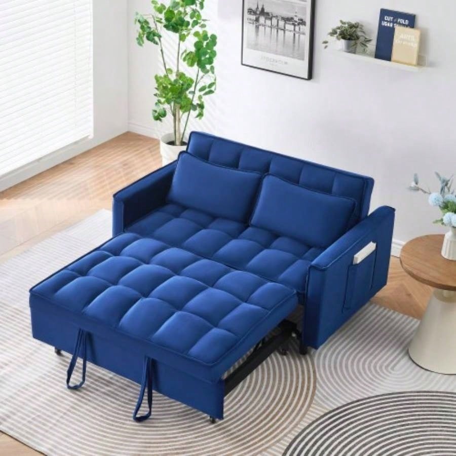 Modern Velvet Loveseat Futon Sofa Couch Pullout Bed, Small Love Lounge Sofa/Reclining Backrest, Toss Pillows, Pockets, Furniture Living Room, 3 in 1 Convertible Sleeper Sofa Bed, Gra