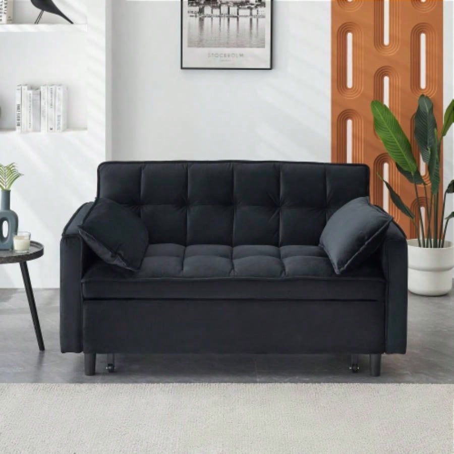 Modern Velvet Loveseat Futon Sofa Couch Pullout Bed, Small Love Lounge Sofa/Reclining Backrest, Toss Pillows, Pockets, Furniture Living Room, 3 in 1 Convertible Sleeper Sofa Bed, Gra