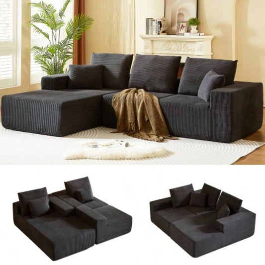 Modular Sectional Sofa with Chaise, Modern L Shaped Cloud Couch with Deep, Sectional Couches Living Room, Bedroom, Office, No Assembly Required, Black