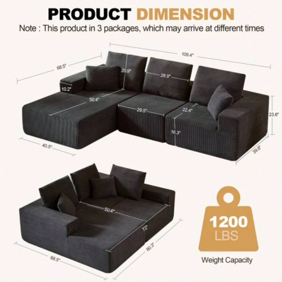 Modular Sectional Sofa with Chaise, Modern L Shaped Cloud Couch with Deep, Sectional Couches Living Room, Bedroom, Office, No Assembly Required, Black