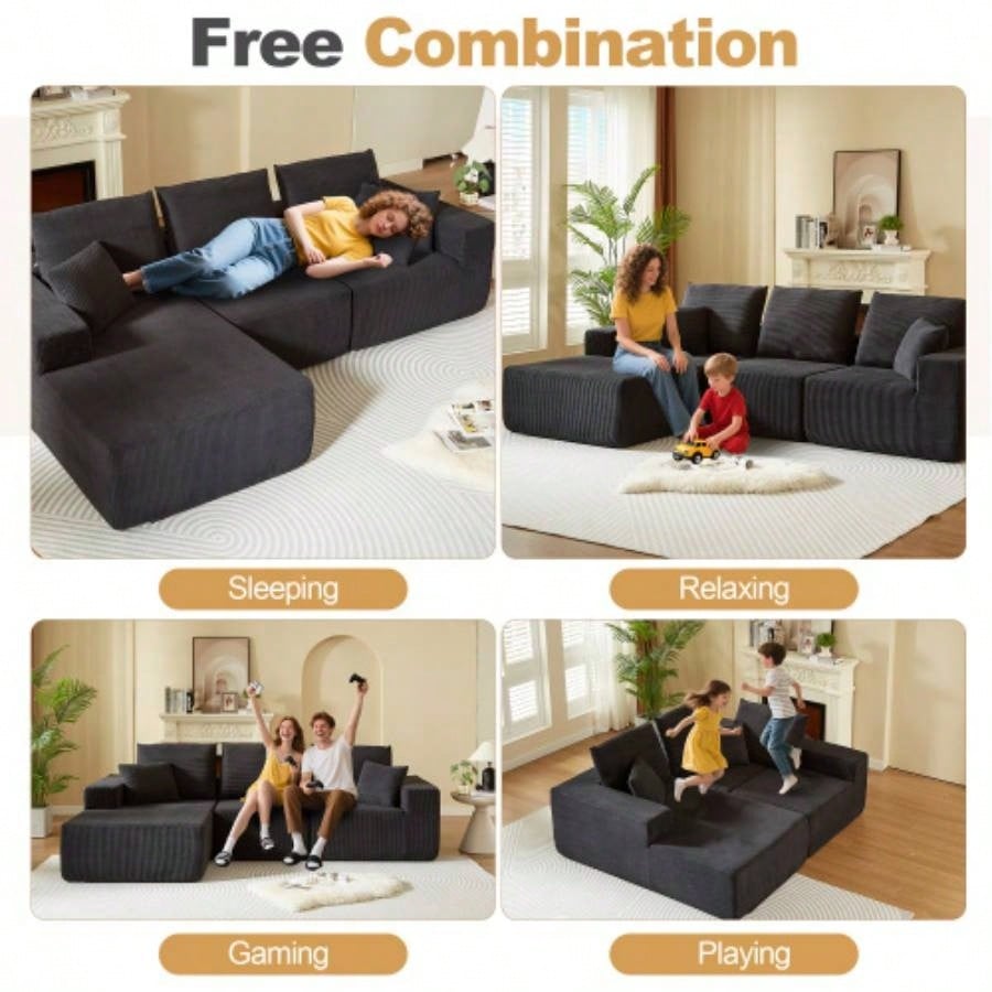 Modular Sectional Sofa with Chaise, Modern L Shaped Cloud Couch with Deep, Sectional Couches Living Room, Bedroom, Office, No Assembly Required, Black