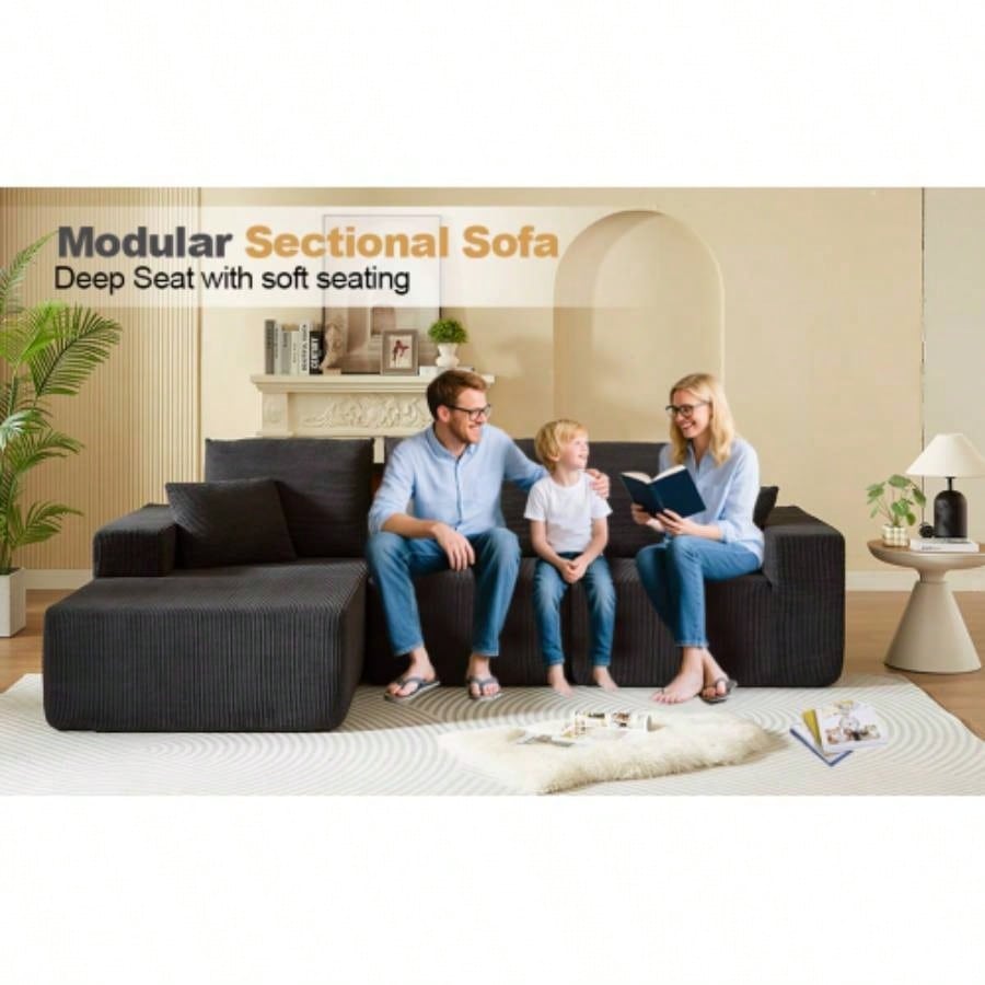 Modular Sectional Sofa with Chaise, Modern L Shaped Cloud Couch with Deep, Sectional Couches Living Room, Bedroom, Office, No Assembly Required, Black