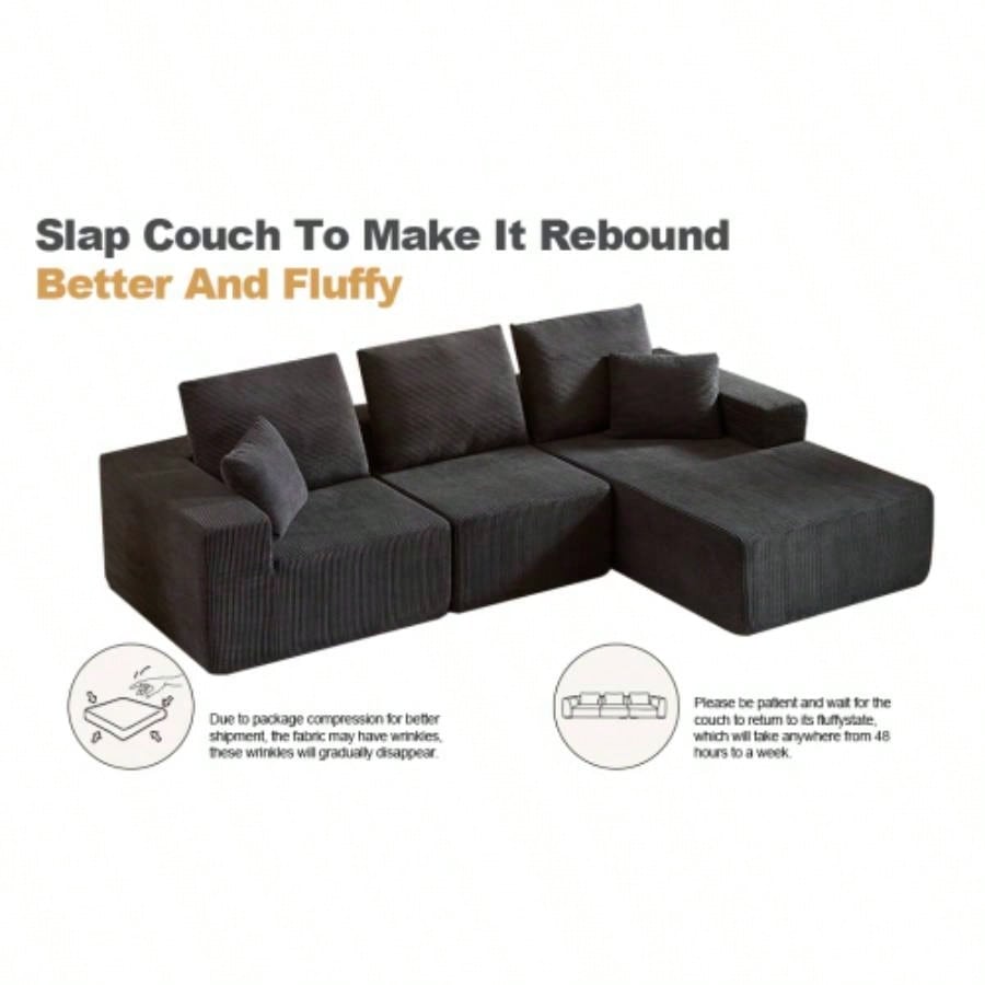 Modular Sectional Sofa with Chaise, Modern L Shaped Cloud Couch with Deep, Sectional Couches Living Room, Bedroom, Office, No Assembly Required, Black