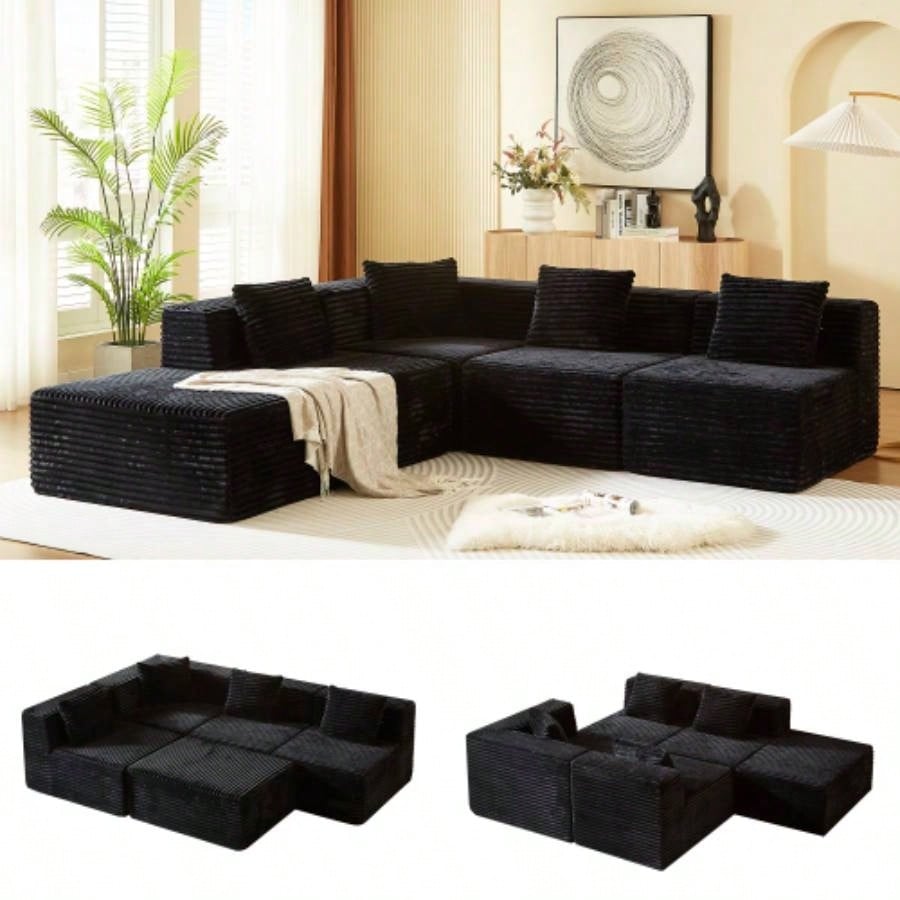 Modular Sectional Sofa with Chaise, Modern L Shaped Cloud Couch with Deep, Sectional Couches Living Room, Bedroom, Office, No Assembly Required, Black