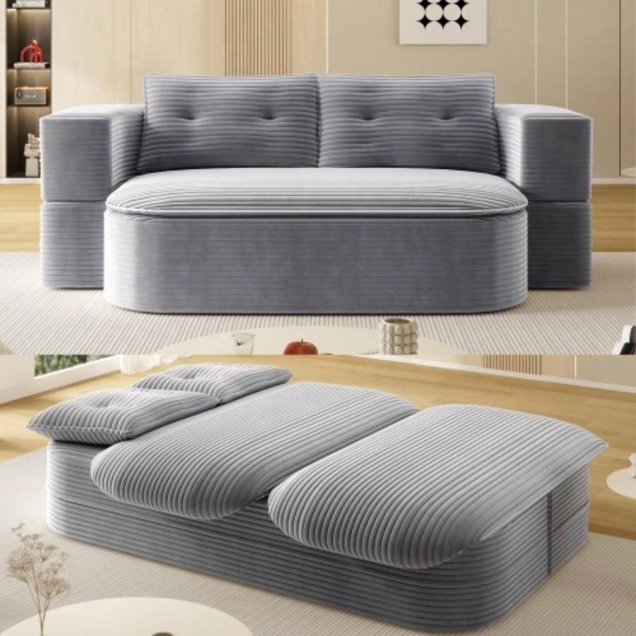 78. Modern 2 - in - 1 Foldable Sofa with Functional Blanket and 2 Soft Pillows, Comfortable Plush Corduroy Fabric Sofa, Convertible Sleeper Sofa Bed, Deep Sofa Couch Living Room, Bedroom