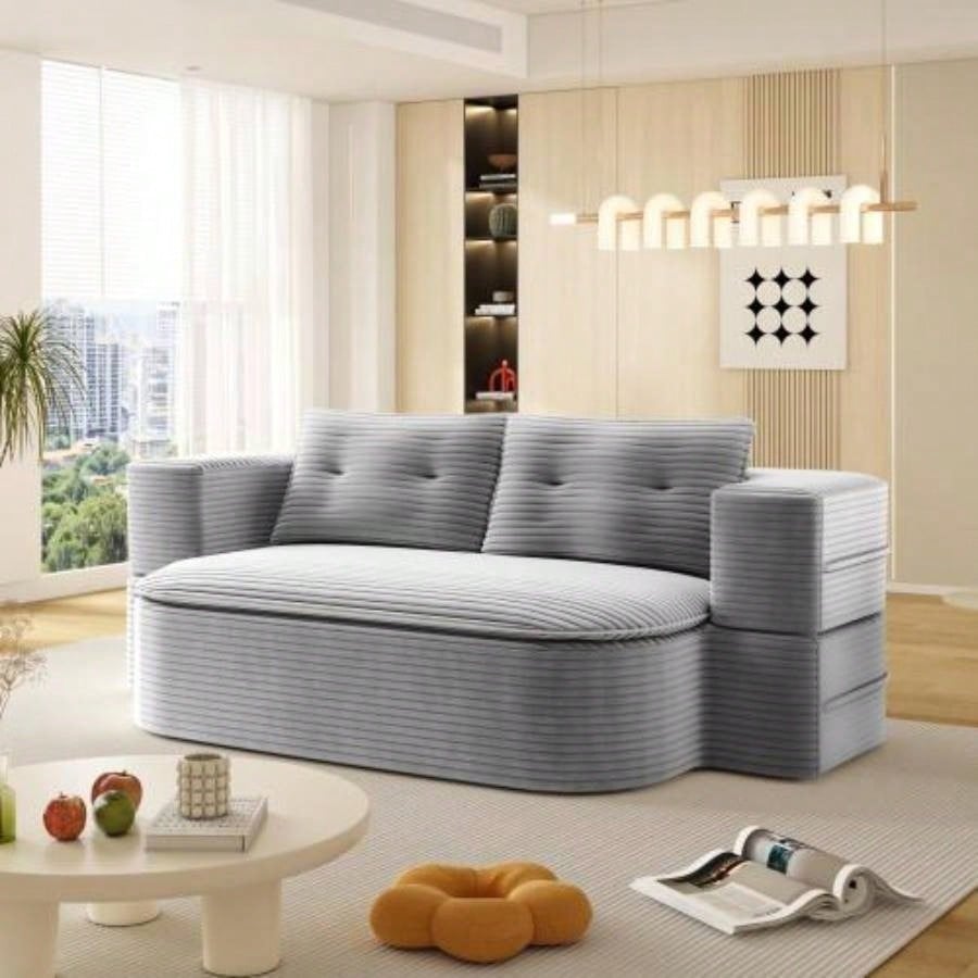 78. Modern 2 - in - 1 Foldable Sofa with Functional Blanket and 2 Soft Pillows, Comfortable Plush Corduroy Fabric Sofa, Convertible Sleeper Sofa Bed, Deep Sofa Couch Living Room, Bedroom