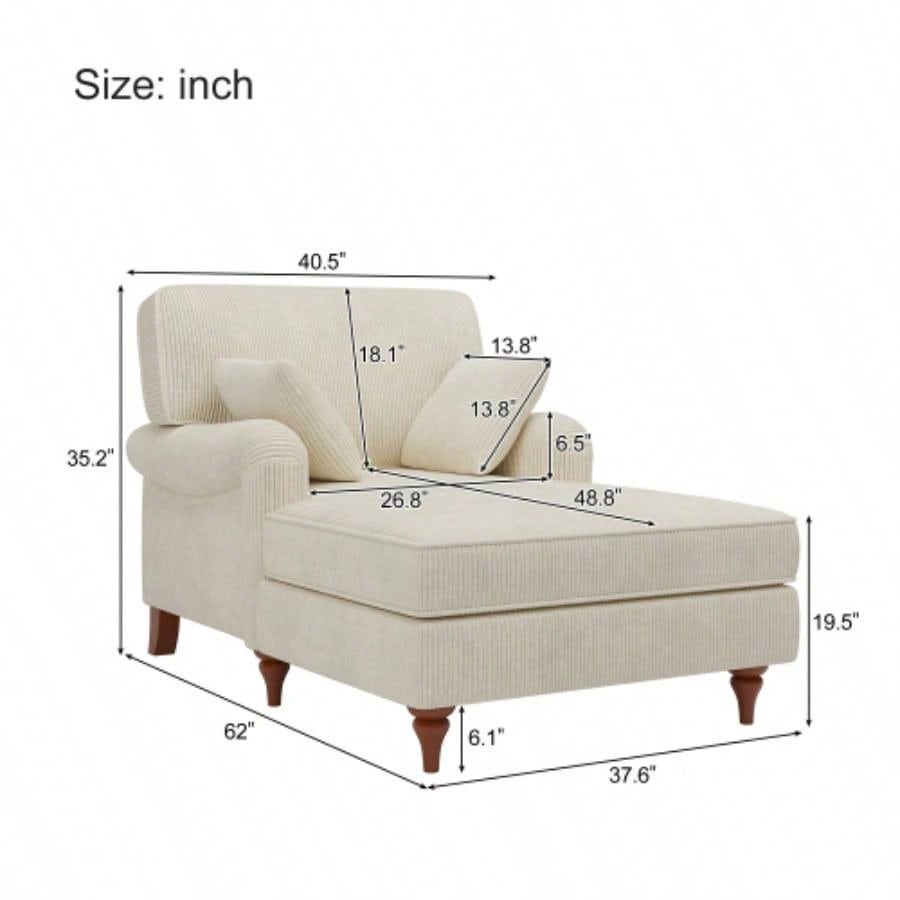 40.5 Oversized Chaise Lounge Chair Indoor with 2 Comfy Pillows Rolled Arms Corduroy Fabric Sleeper Sofa Chair Living Room Bedroom, Beige