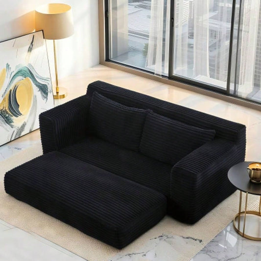 Loveseat Sofa with Foam Steel Frame - No Assembly, Convertible 2 - in - 1 Design, Corduroy Fabric - Compact Couch Small Spaces, Apartments, Home Office Bedroom Black