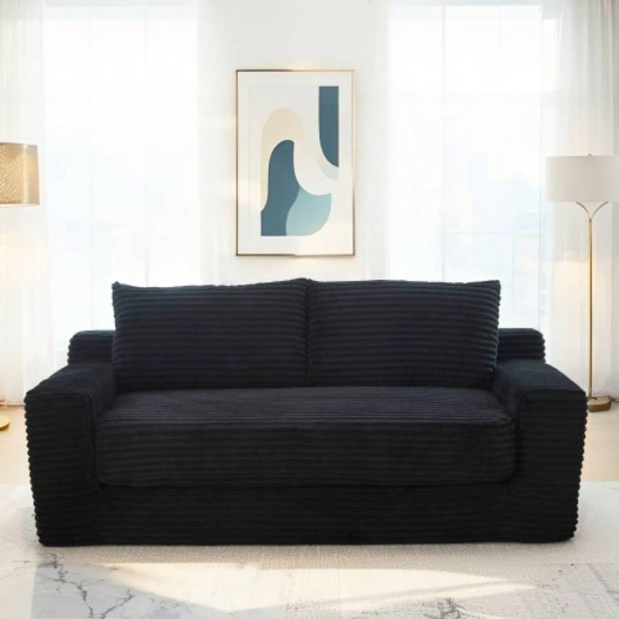 Loveseat Sofa with Foam Steel Frame - No Assembly, Convertible 2 - in - 1 Design, Corduroy Fabric - Compact Couch Small Spaces, Apartments, Home Office Bedroom Black
