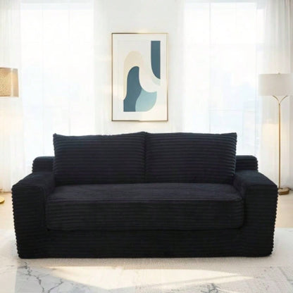 Loveseat Sofa with Foam Steel Frame - No Assembly, Convertible 2 - in - 1 Design, Corduroy Fabric - Compact Couch Small Spaces, Apartments, Home Office Bedroom Black