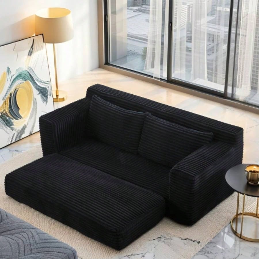 Loveseat Sofa with Foam Steel Frame - No Assembly, Convertible 2 - in - 1 Design, Corduroy Fabric - Compact Couch Small Spaces, Apartments, Home Office Bedroom Black