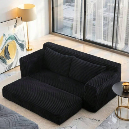 Loveseat Sofa with Foam Steel Frame - No Assembly, Convertible 2 - in - 1 Design, Corduroy Fabric - Compact Couch Small Spaces, Apartments, Home Office Bedroom Black