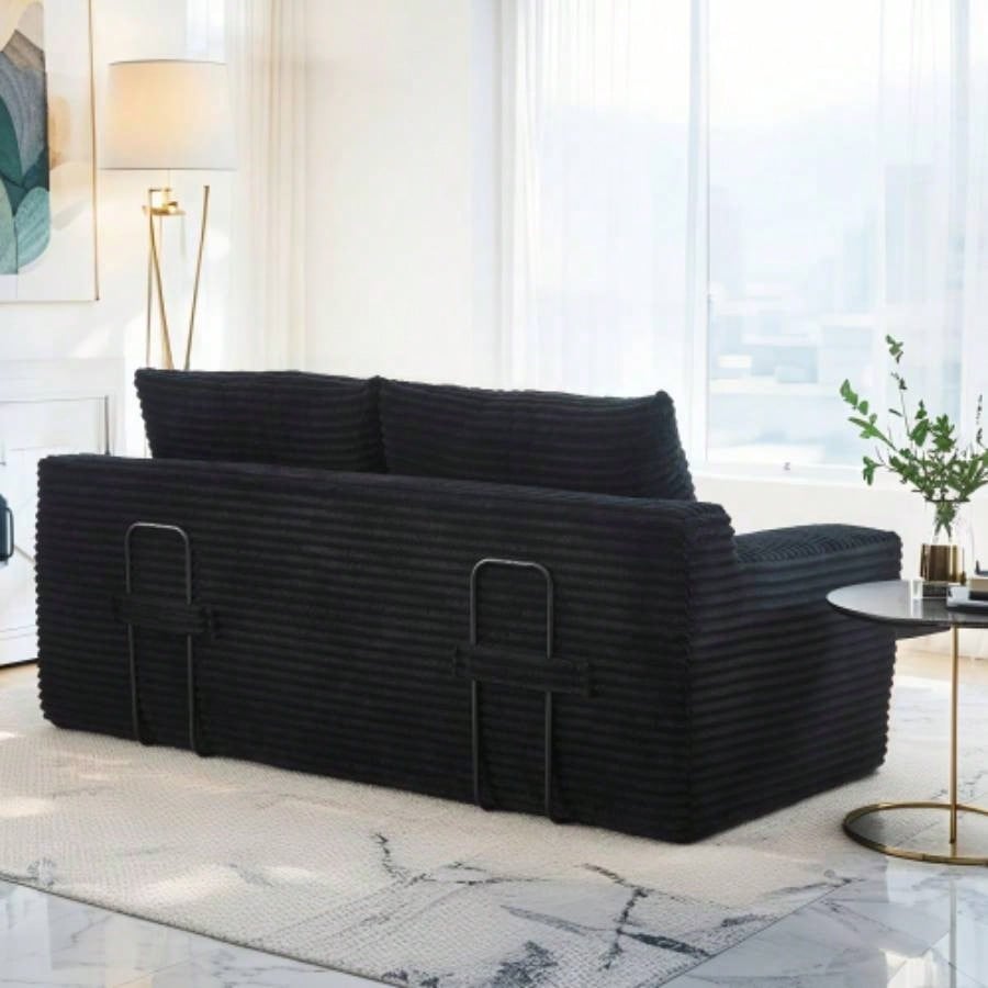 Loveseat Sofa with Foam Steel Frame - No Assembly, Convertible 2 - in - 1 Design, Corduroy Fabric - Compact Couch Small Spaces, Apartments, Home Office Bedroom Black