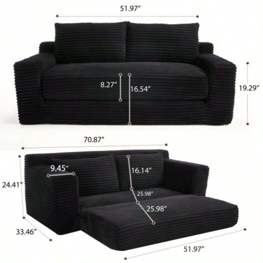 Loveseat Sofa with Foam Steel Frame - No Assembly, Convertible 2 - in - 1 Design, Corduroy Fabric - Compact Couch Small Spaces, Apartments, Home Office Bedroom Black