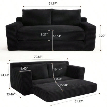 Loveseat Sofa with Foam Steel Frame - No Assembly, Convertible 2 - in - 1 Design, Corduroy Fabric - Compact Couch Small Spaces, Apartments, Home Office Bedroom Black