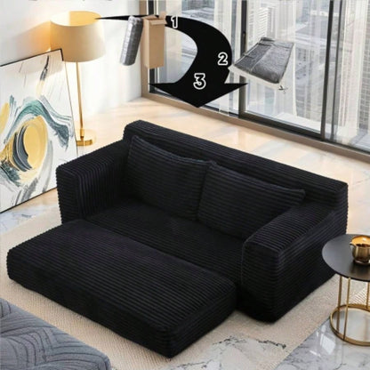 Loveseat Sofa with Foam Steel Frame - No Assembly, Convertible 2 - in - 1 Design, Corduroy Fabric - Compact Couch Small Spaces, Apartments, Home Office Bedroom Black