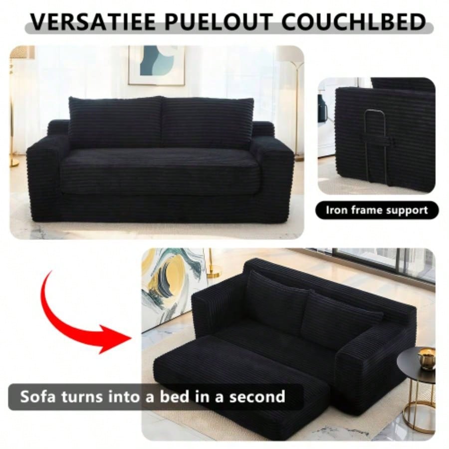 Loveseat Sofa with Foam Steel Frame - No Assembly, Convertible 2 - in - 1 Design, Corduroy Fabric - Compact Couch Small Spaces, Apartments, Home Office Bedroom Black