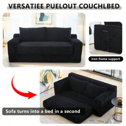 Loveseat Sofa with Foam Steel Frame - No Assembly, Convertible 2 - in - 1 Design, Corduroy Fabric - Compact Couch Small Spaces, Apartments, Home Office Bedroom Black