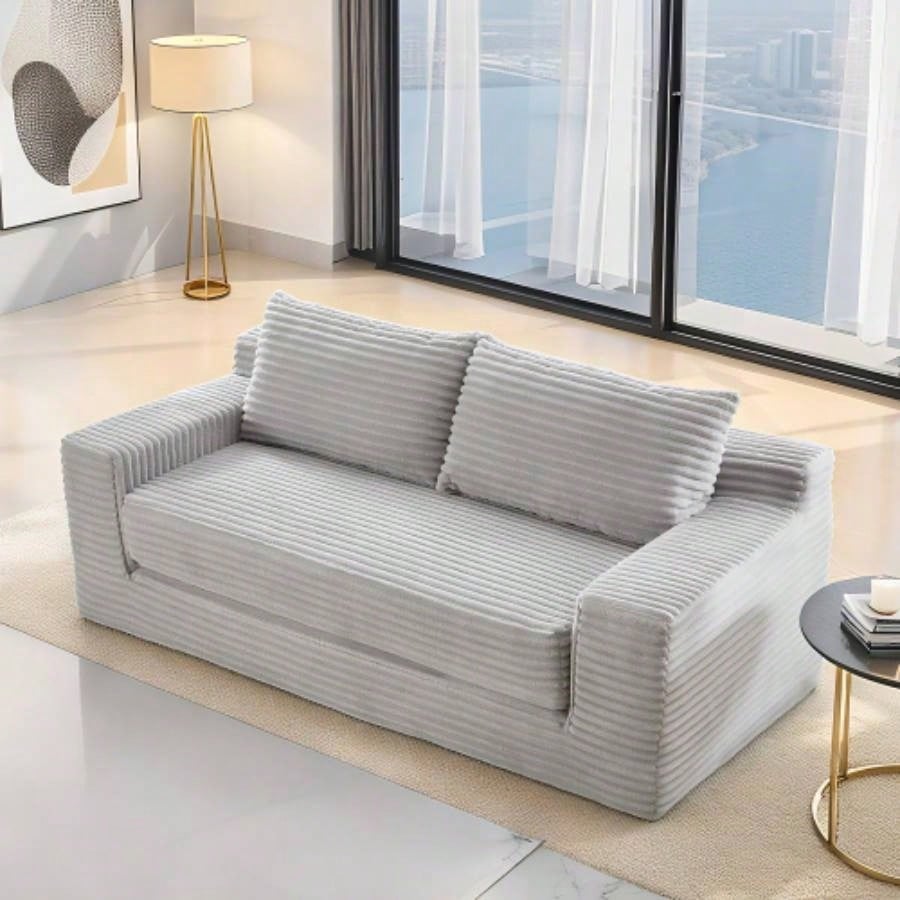 Loveseat Sofa with Foam Steel Frame - No Assembly, Convertible 2 - in - 1 Design, Corduroy Fabric - Compact Couch Small Spaces, Apartments, Home Office Bedroom Black