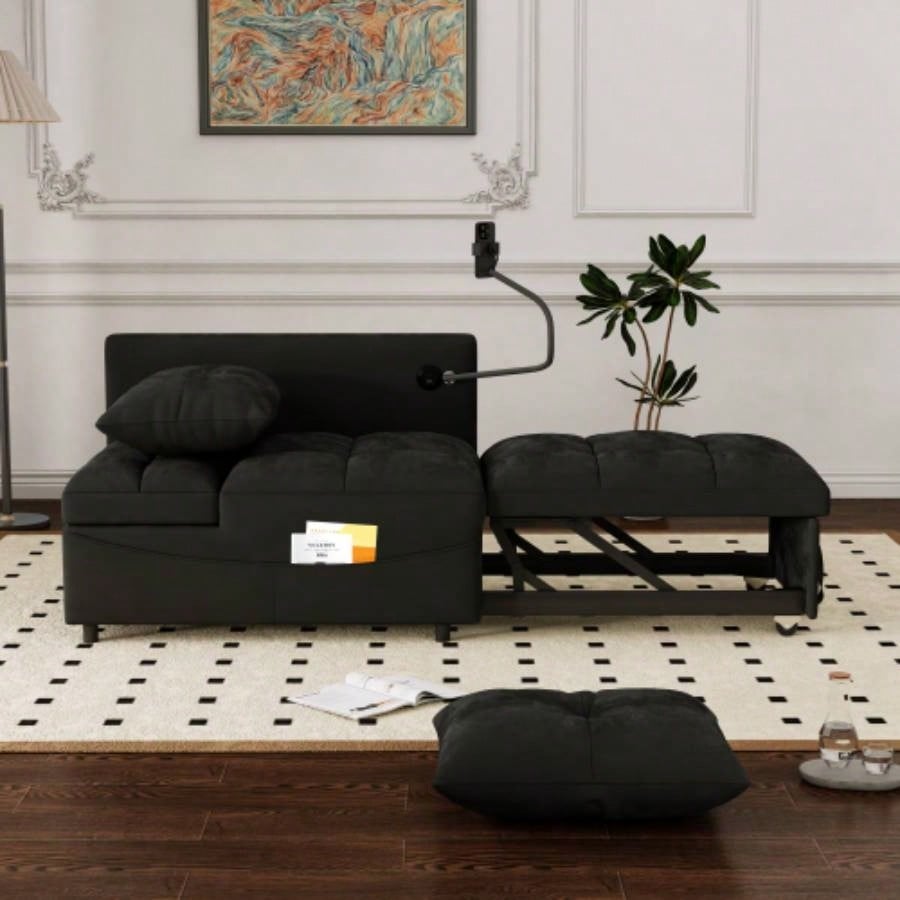 1 versatile foldable sofa bed in 3 lengths, modern sofa sofa sofa velvet pull - out bed, loveseat sofa adjustable back and with USB port and swivel phone stand, Black