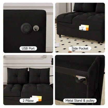 1 versatile foldable sofa bed in 3 lengths, modern sofa sofa sofa velvet pull - out bed, loveseat sofa adjustable back and with USB port and swivel phone stand, Black