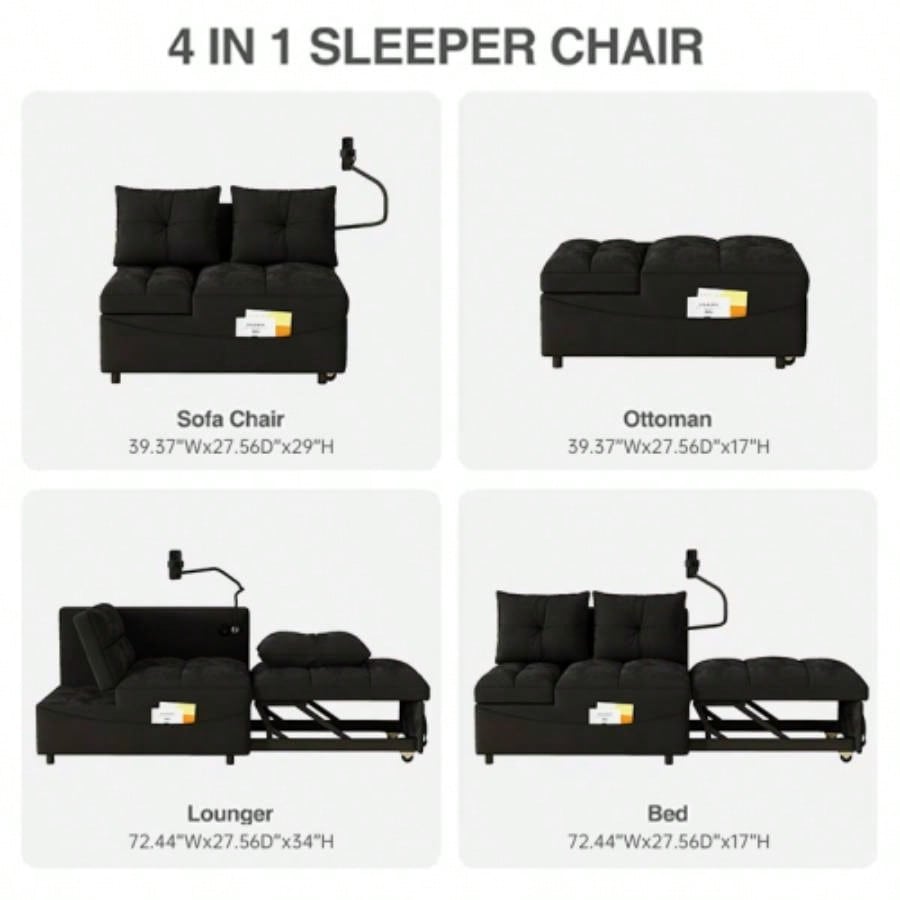 1 versatile foldable sofa bed in 3 lengths, modern sofa sofa sofa velvet pull - out bed, loveseat sofa adjustable back and with USB port and swivel phone stand, Black