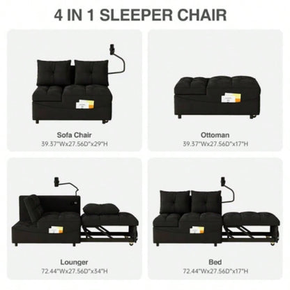 1 versatile foldable sofa bed in 3 lengths, modern sofa sofa sofa velvet pull - out bed, loveseat sofa adjustable back and with USB port and swivel phone stand, Black