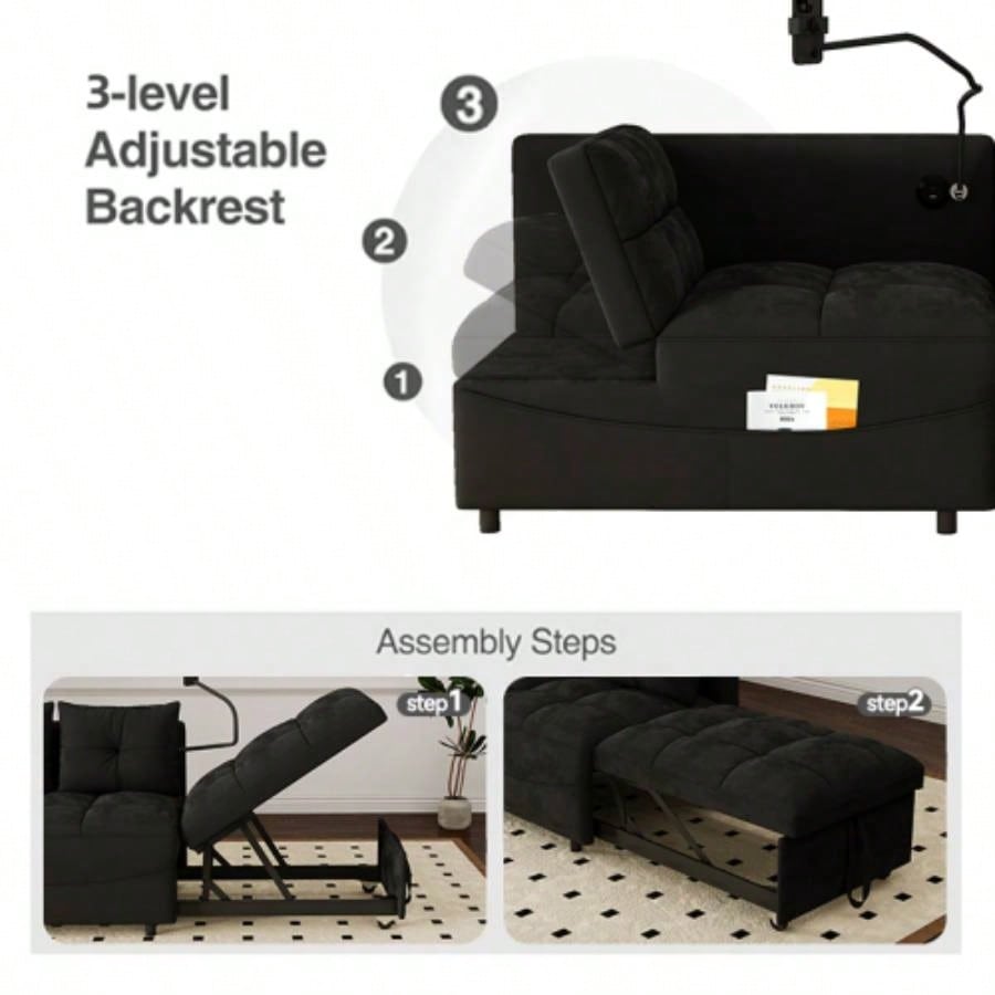 1 versatile foldable sofa bed in 3 lengths, modern sofa sofa sofa velvet pull - out bed, loveseat sofa adjustable back and with USB port and swivel phone stand, Black