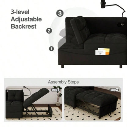 1 versatile foldable sofa bed in 3 lengths, modern sofa sofa sofa velvet pull - out bed, loveseat sofa adjustable back and with USB port and swivel phone stand, Black