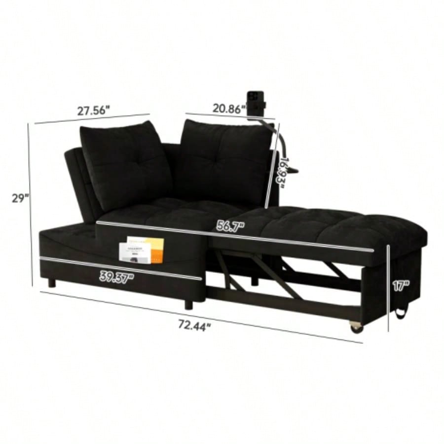 1 versatile foldable sofa bed in 3 lengths, modern sofa sofa sofa velvet pull - out bed, loveseat sofa adjustable back and with USB port and swivel phone stand, Black