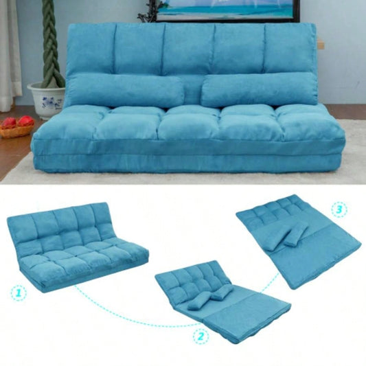 Double Chaise Lounge Sofa Floor Couch and Sofa with Two Pillows Blue