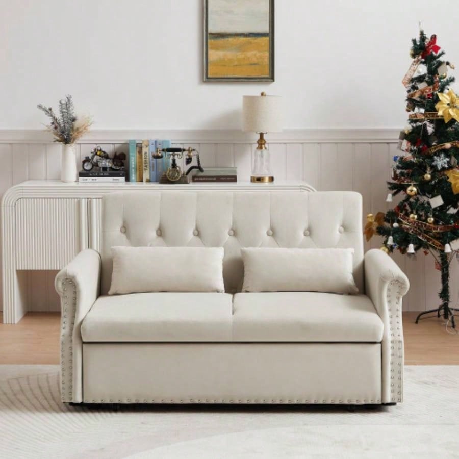 Artemax 55 Modern Shiny Velvet Convertible Loveseat Sleeper Sofa Couch/ 2 Lumbar Pillows, Adjustable Pull - Out Bed and Removable Armrest Nursery, Living Room, Apartment, Home Office