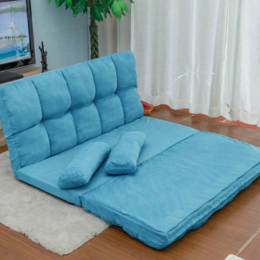 Double Chaise Lounge Sofa Floor Couch and Sofa with Two Pillows Blue