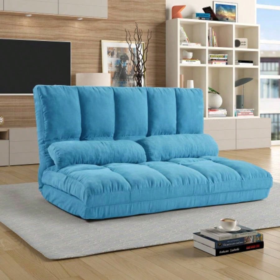 Double Chaise Lounge Sofa Floor Couch and Sofa with Two Pillows Blue