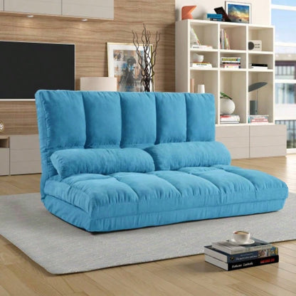 Double Chaise Lounge Sofa Floor Couch and Sofa with Two Pillows Blue