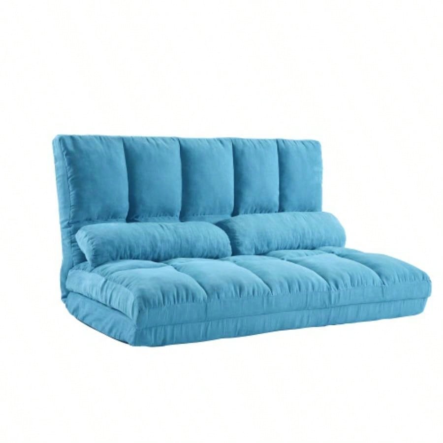 Double Chaise Lounge Sofa Floor Couch and Sofa with Two Pillows Blue