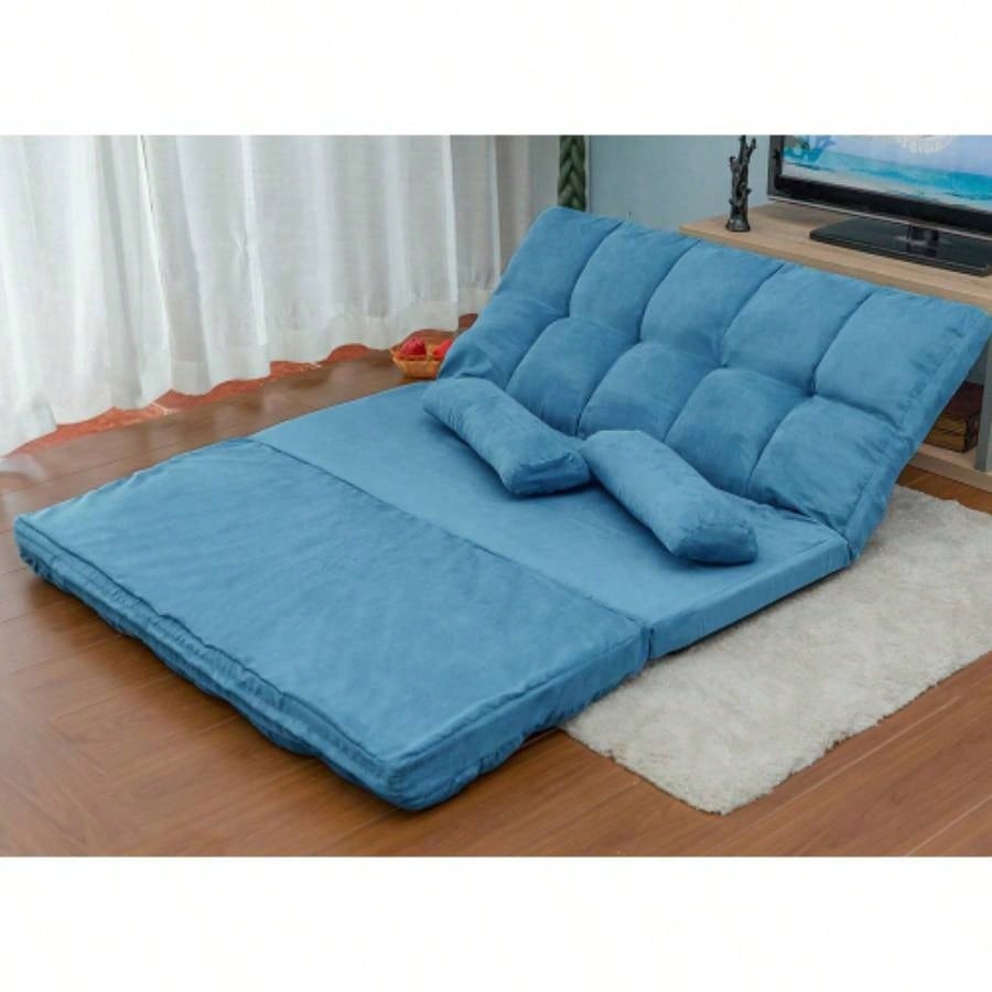 Double Chaise Lounge Sofa Floor Couch and Sofa with Two Pillows Blue