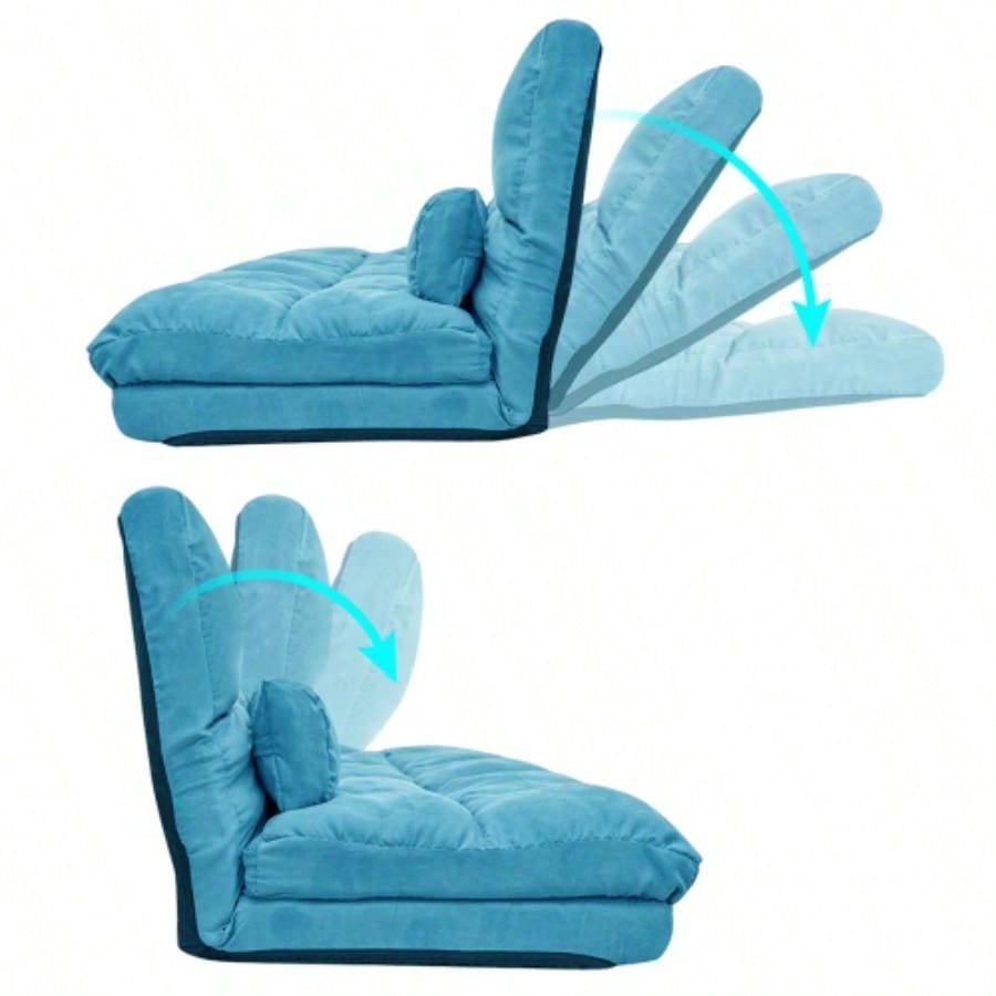 Double Chaise Lounge Sofa Floor Couch and Sofa with Two Pillows Blue