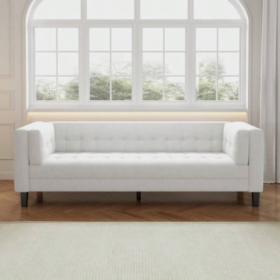 3 - Seater Sofa, Upholstered Tufted, Velvet Sofa, Ivory White