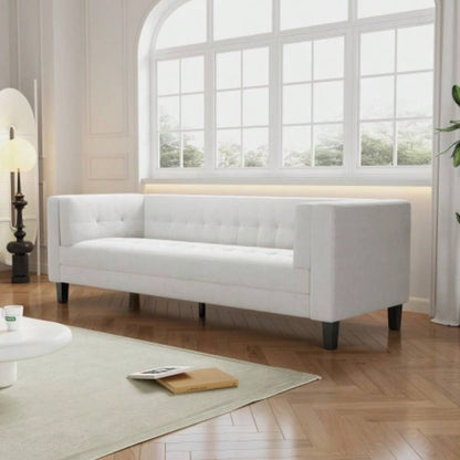 3 - Seater Sofa, Upholstered Tufted, Velvet Sofa, Ivory White