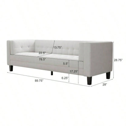 3 - Seater Sofa, Upholstered Tufted, Velvet Sofa, Ivory White